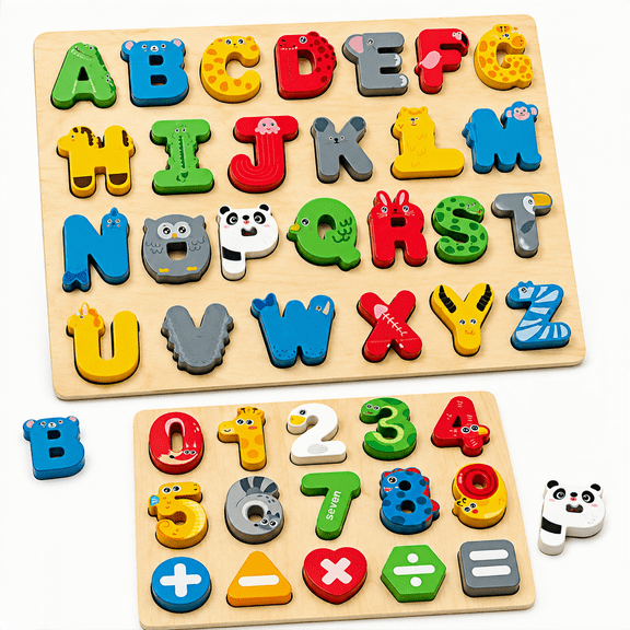 Biiend Wooden Alphabet and Number Puzzle Set, ABC Letters, Numbers and Math Symbols Learning Board, Animal Theme Puzzle, Ages 3