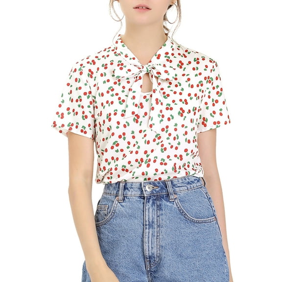 MODA NOVA Juniors Summer Top Tie Bow Neck Short Sleeve Floral Print Blouse White XL