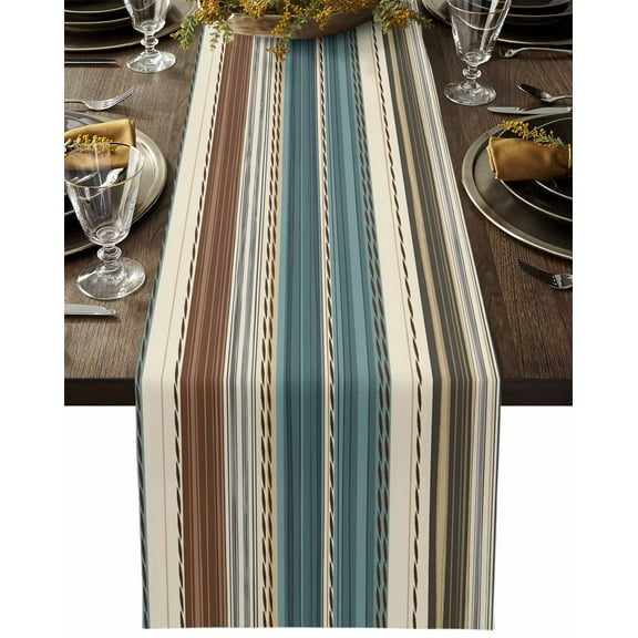 Abstract Bohemian Stripe Seamless Table Runners 13x36 Inches Long Linen Burlap Table Runner, Teal Brown Beige Stripes Table Cover Dresser Scarf for Kitchen Dining Holiday Party Wedding Gathering