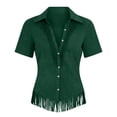 thumbnail image 5 of ClodeEU Women's Collared V Neck Short Sleeve Fringe Hem Button Down Blouse,Slim Fitted Casual Shirt Top Army Green,Women's Plus L, 5 of 5