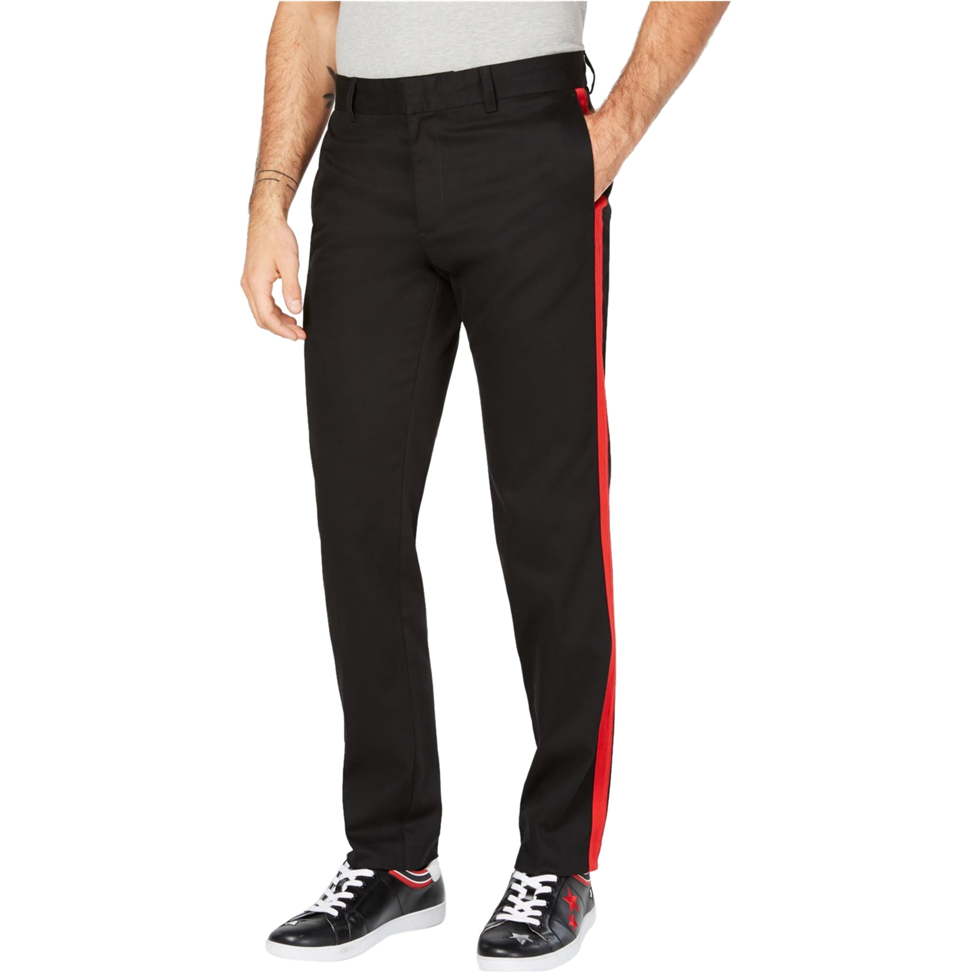 grey pants with red stripe