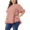 thumbnail image 4 of Agnes Orinda Women's Plus Size 1950s Gingham Tops Back Button Round Neck Ruffle Sleeve Casual Plaid Blouses 1X Red, 4 of 5