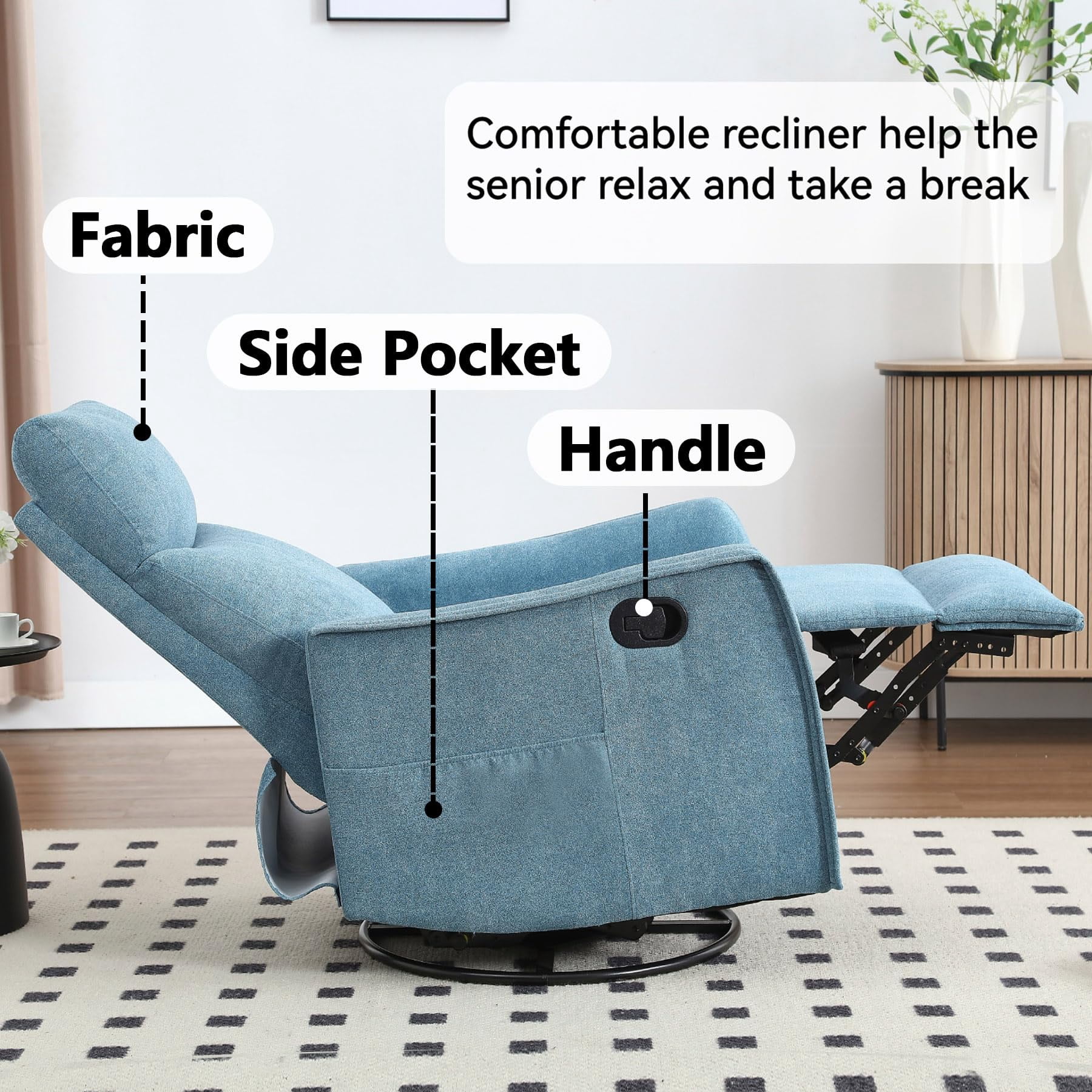 CARZZI Massage Chair Recliner with Heat, Swivel Rocking Chair Recliner with High Back, Manual Lazy Boy Recliners for Adults,Small Recliner Chair for Small Spaces, Living Room Bedroom, Fabric (Blue)
