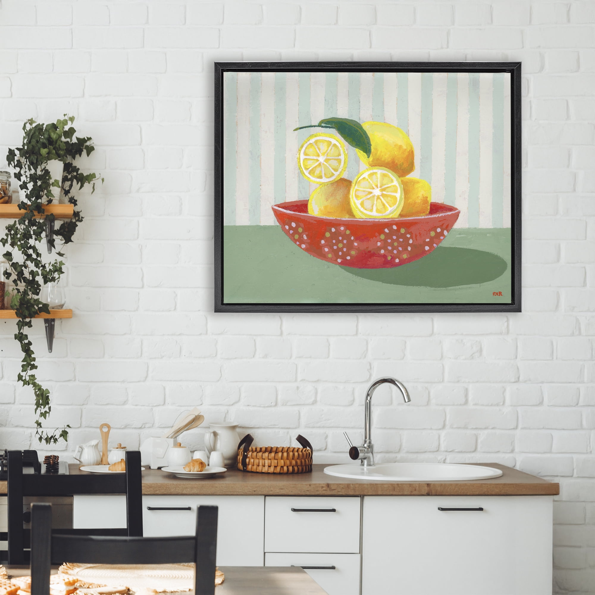 Stupell Industries Sunny Lemons in Red Bowl Black Framed Floater Canvas Wall Art, design by Rachael Reese