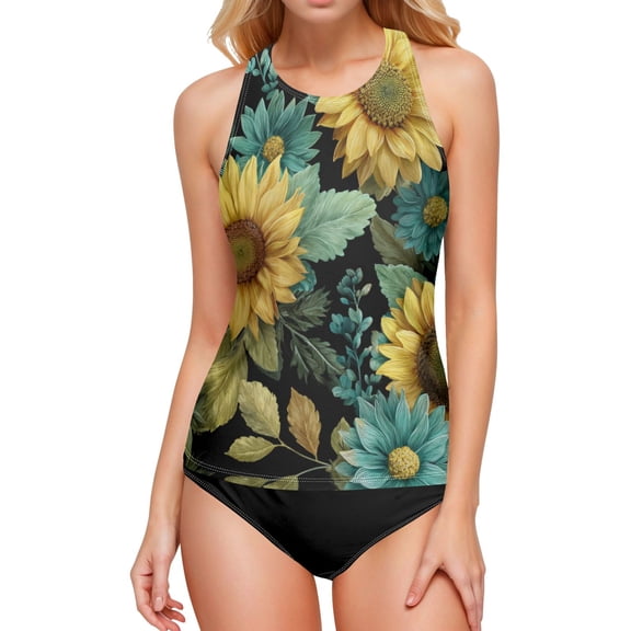 Women's Swimming Vest Women's Tankini Tops Swimming Vest for Women Soft and Smooth Suitable for Summer Beach Swimming Pool Parties S Sage Leaf Sunflowers
