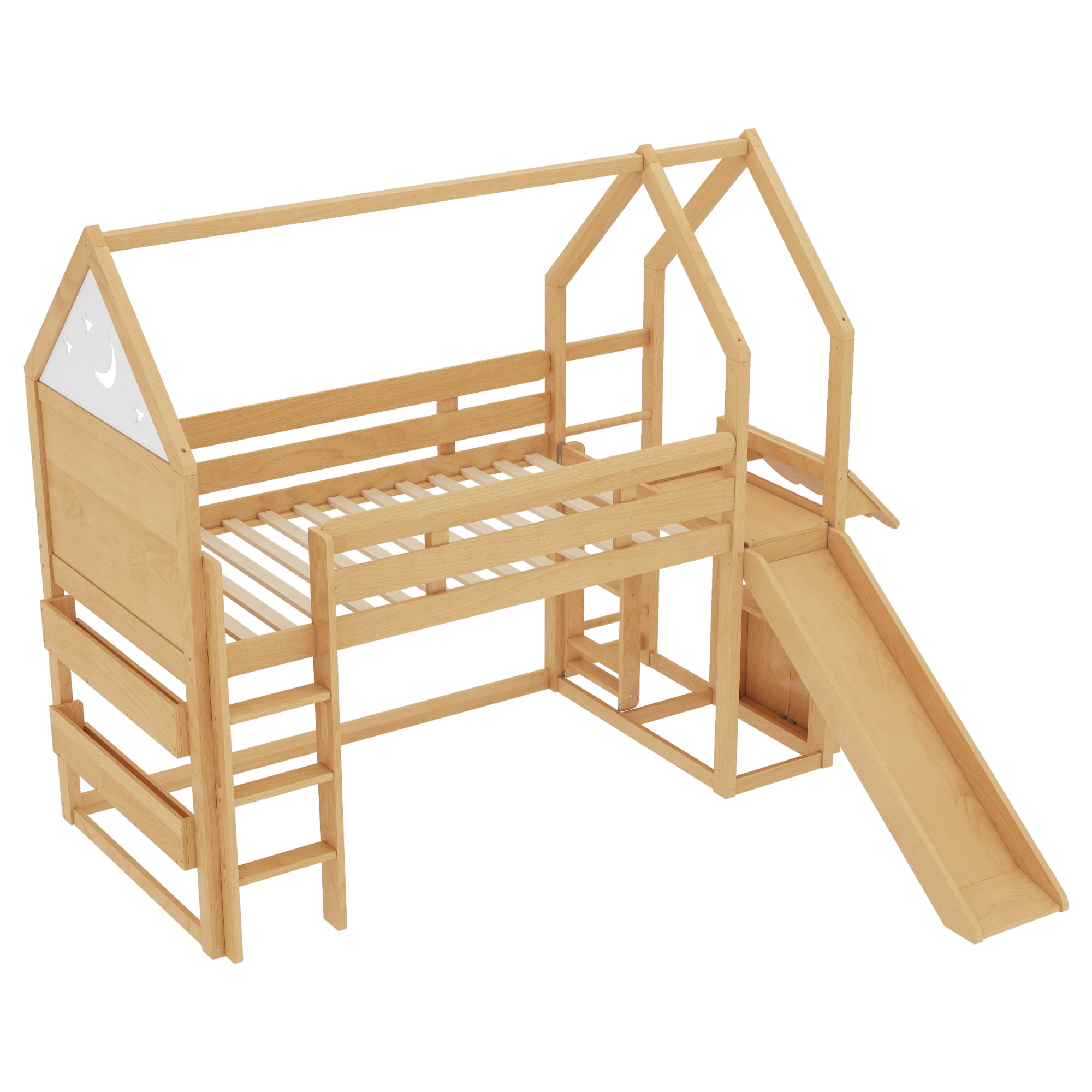 Yoneston Twin House Shaped Loft Bed with Slide and Bookshelf, Starry Moon Platform House Bed with Stairs, Roof & Guardrails for Kids Teens Bedroom Playhouse, Natural