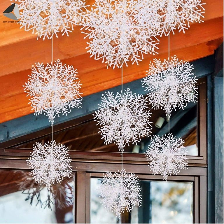 Sixtyshades 72 Pcs Christmas Hanging Snowflake Decorations Winter White  Glitter Snowflake Ornaments for Window Xmas Tree Ceiling (5.9 inch)