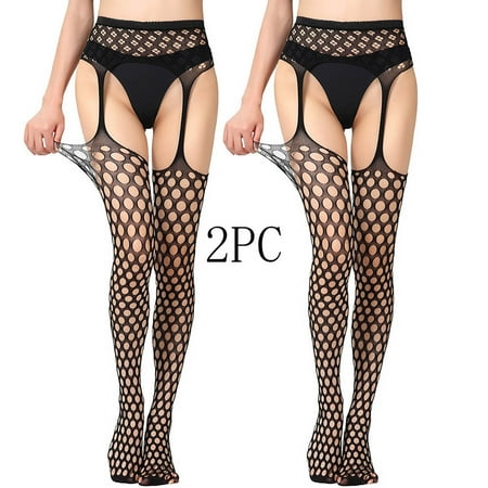 YUTK Black Pantyhose for Women - 2Pc Women Sexy Lace Leggings Pants Fishnet Netting Stockings Net Sexy Lingerie Transparent Hollow Out Hanging Stockings - Black Free Size