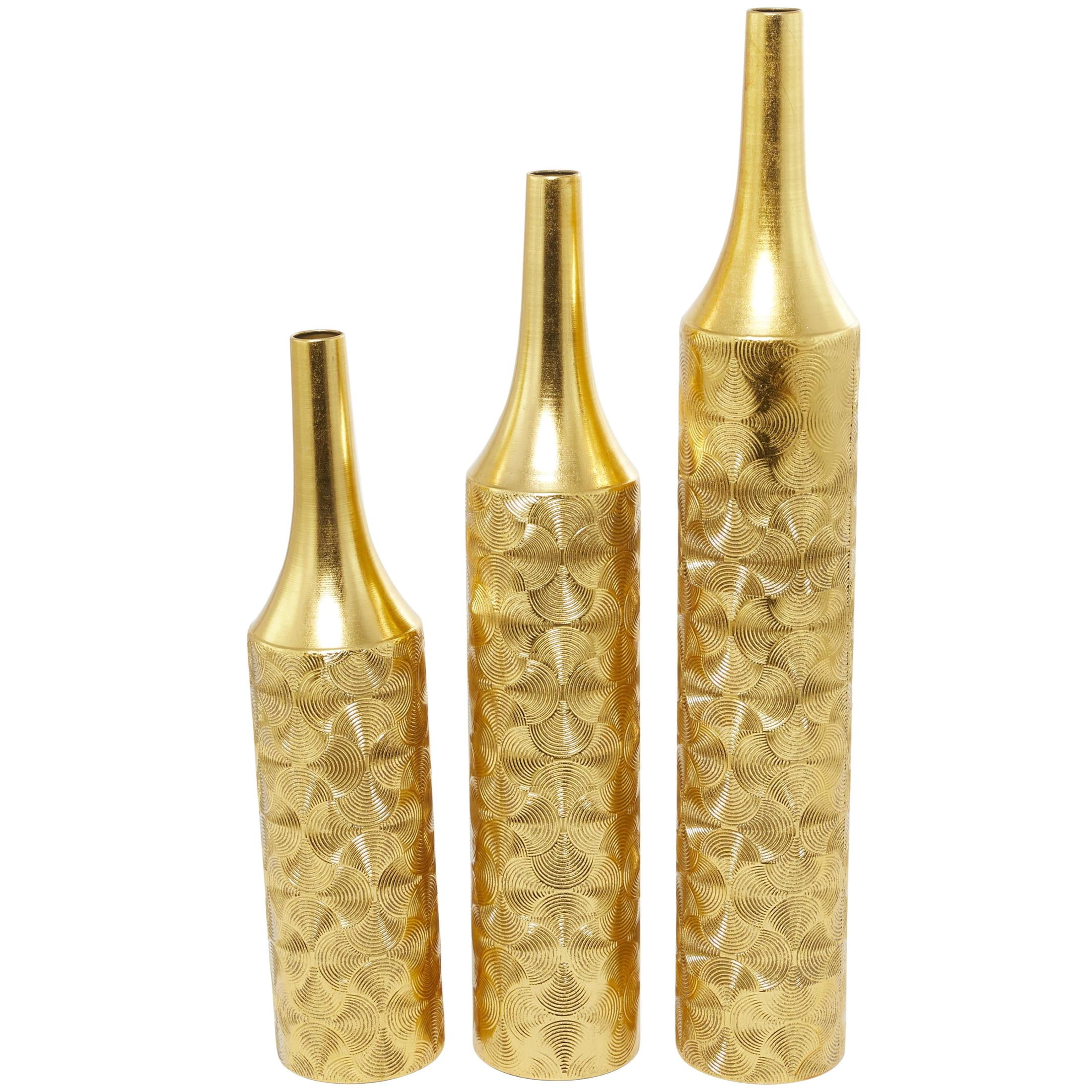 DecMode 36", 30", 25"H Geometric Tall Distressed Metallic Gold Metal Vase with Engraved Swirl Patterns, Set of 3