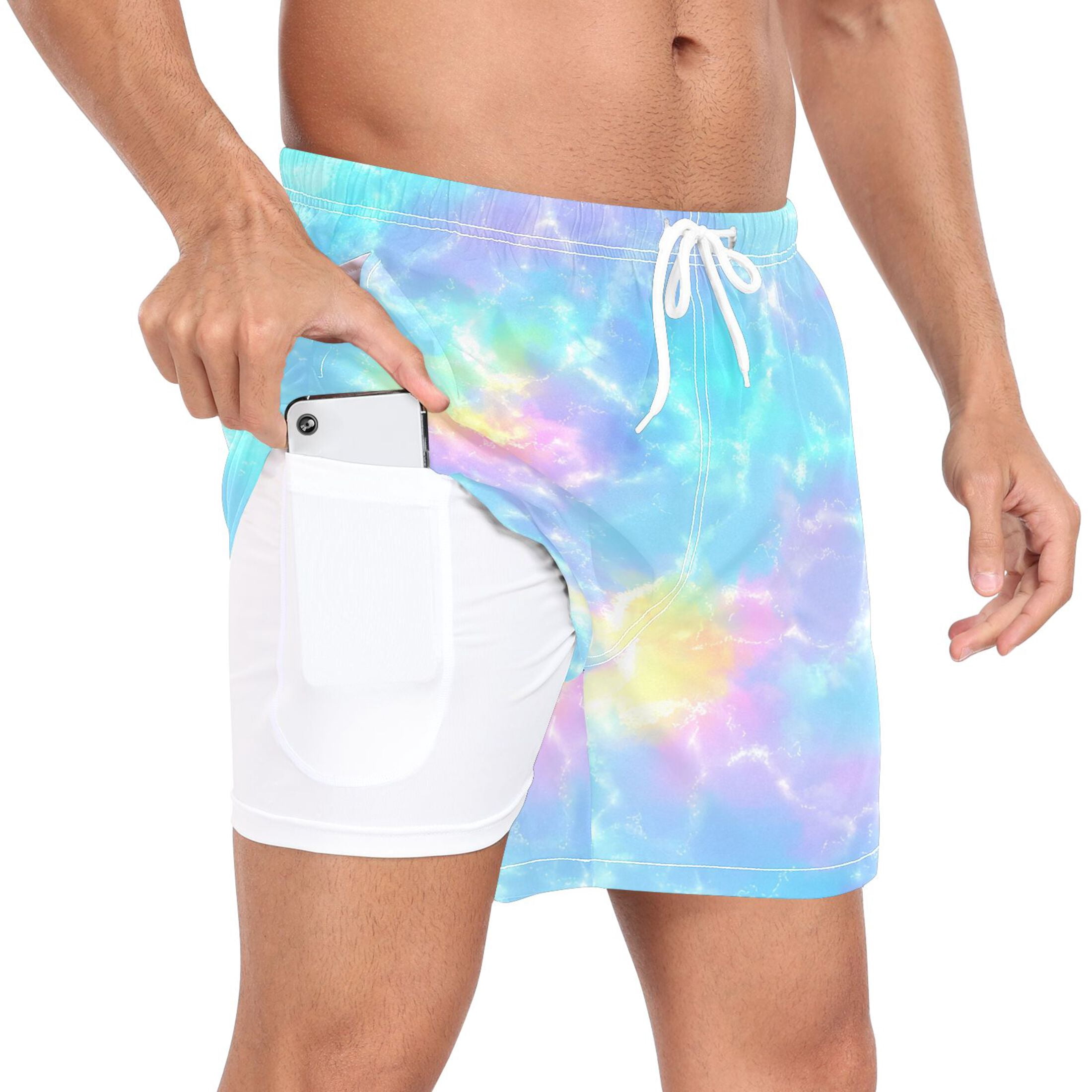 joogoo Men's Tie Dye Swim Trunks with Liner Pocket Beach Shorts Large