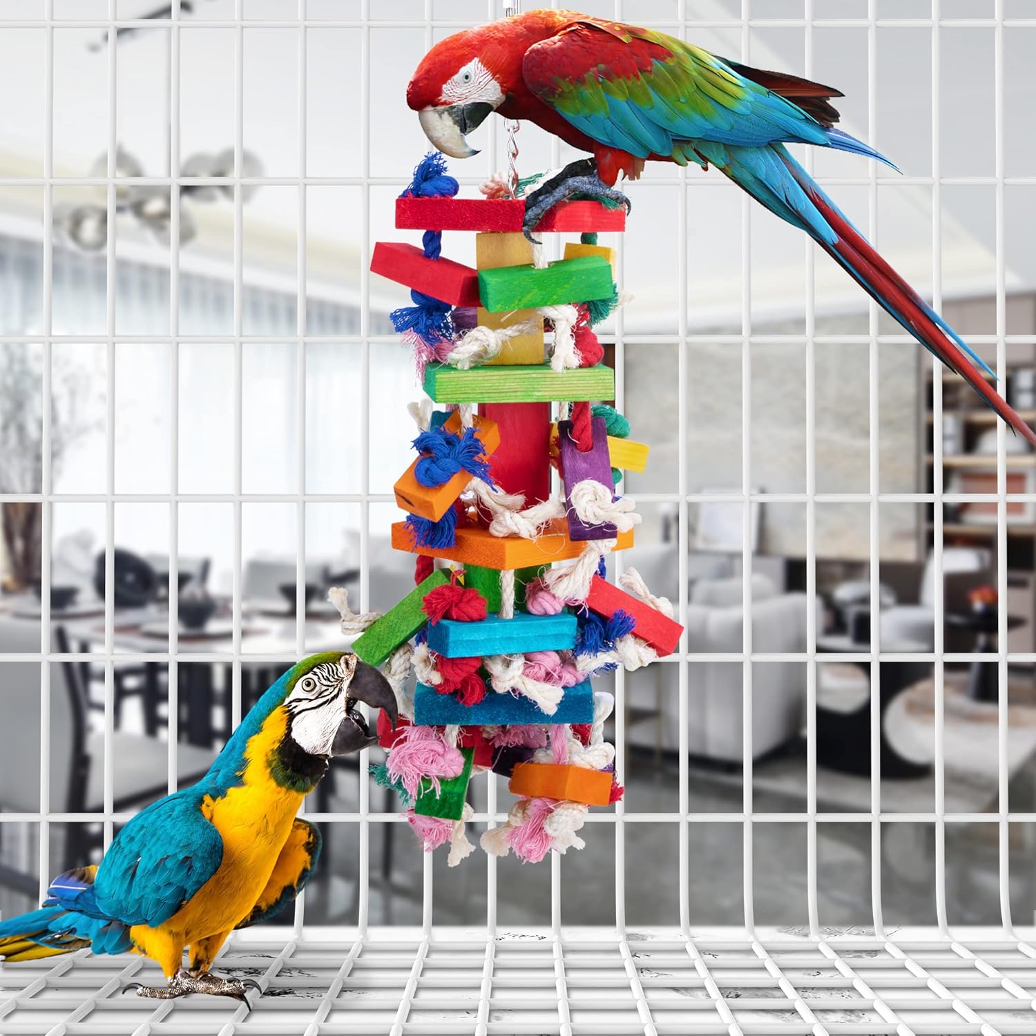 Ebaokuup Bird Block Knots Tearing Toy- 19.7 inch Multicolored Natural Wooden Parrot Chewing Toy Suggested for Macaws cokatoos, African Grey and a Variety of Amazon Parrots. (Large Size)