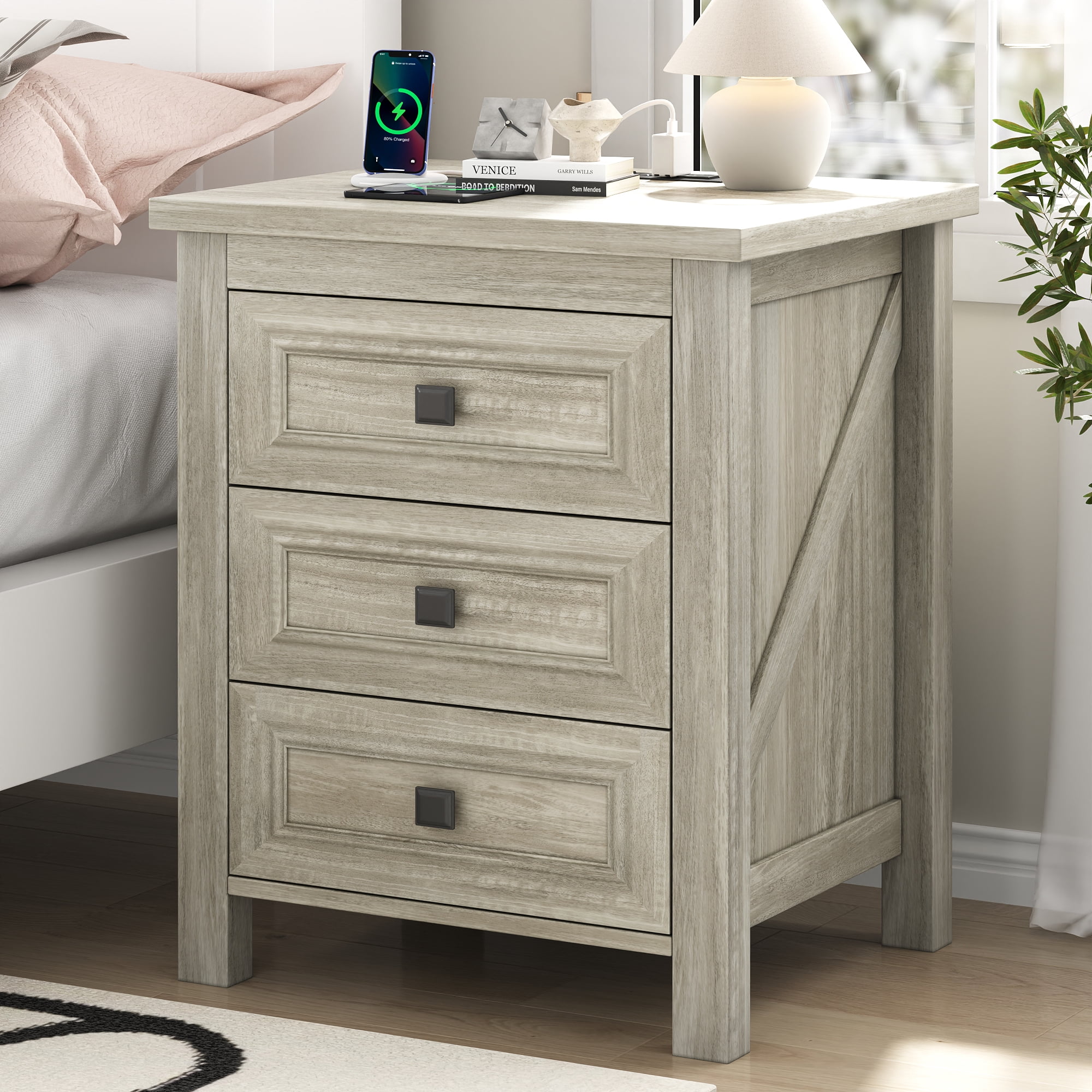 Nightstand, Bedside Table with Charging Station, Farmhouse 3 Drawer Nightstand Rustic Night Stand End Tables for Bedroom Living Room