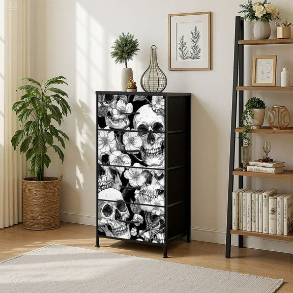 4 Drawer Vertical Storage Dresser skull flowers cherry with Wood Top Fabric Pull Drawers