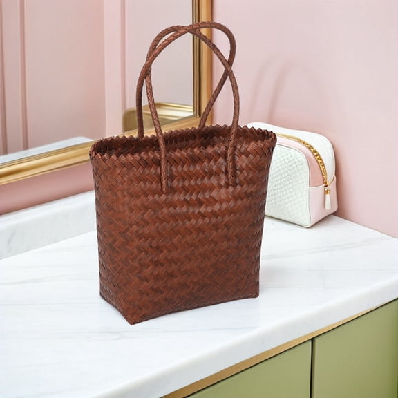 Milisten Brown PVC Handwoven Faux Rattan Tote Bag for Women, Lightweight Shoulder Strap Purse, Storage Handbag 25.5 x 11 x 11 inches