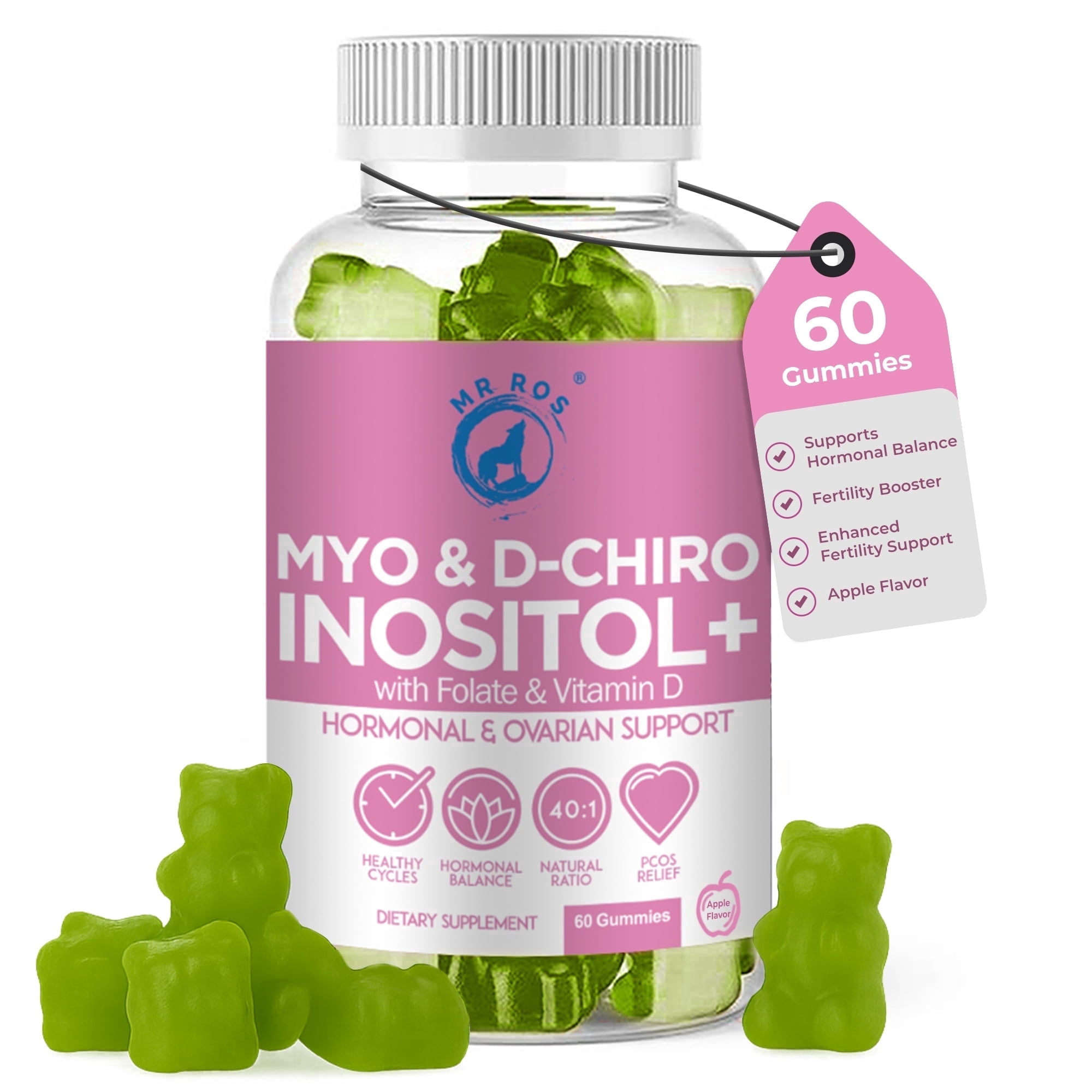 MR ROS PCOS Inositol Gummies Apple Flavor, Myo & D-Chiro Inositol 40:1 Ratio, 60 Gummies