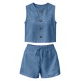 thumbnail image 2 of Bosfbaoi Two Piece Sets for Women Crew Neck Sleeveless Button Down Crop Top and Drawstring Elastic Waist Shorts Casual Linen Look Womens Summer Outfits, 2 of 8