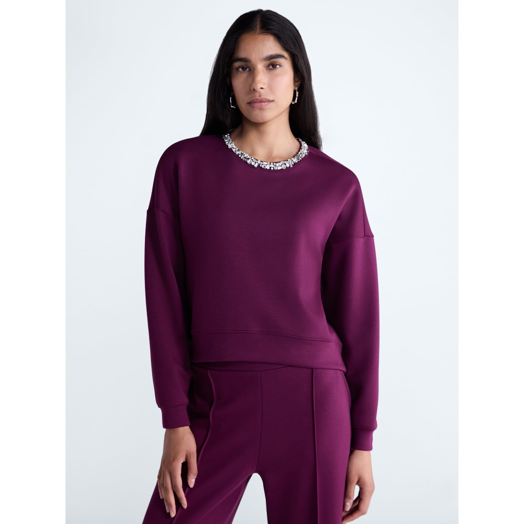 Scoop Women's and Women's Plus Scubaknit Embellished Sweatshirt, Sizes XS-4X