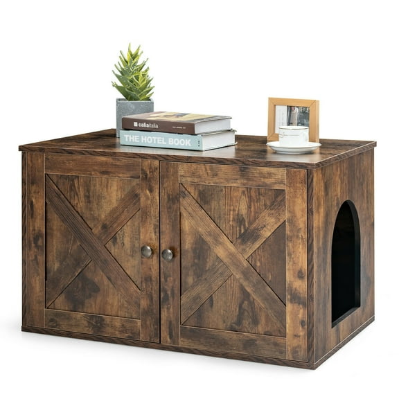 Gymax Wooden Cat Litter Box Enclosure Hidden Cabinet Furniture w/ Divider Pet House