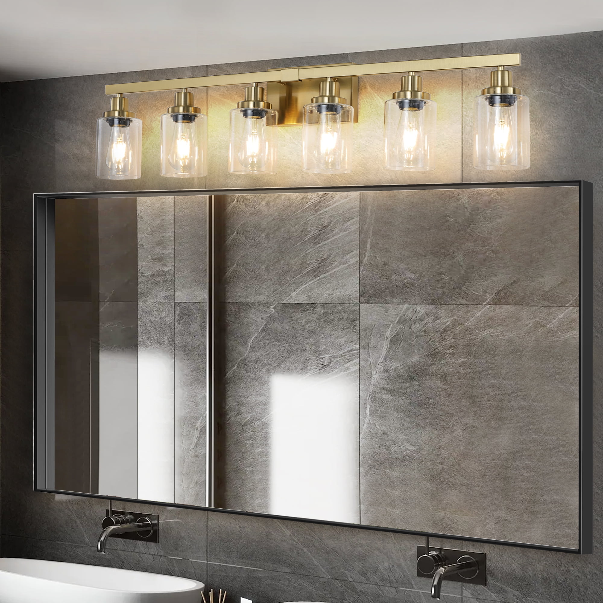 37" Golden 6-Light Vanity Light with Clear Glass Shades, Modern Iron Metal Bathroom Wall Fixture for Mirror, Ideal for Bathroom and Dressing Table (No Bulbs)