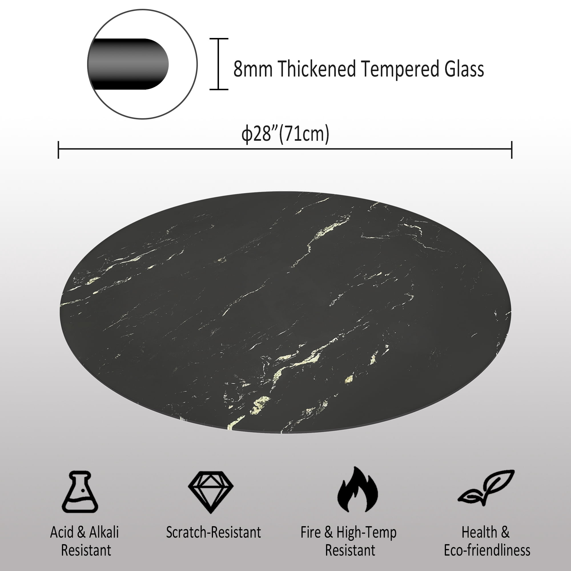 MAYEERTY 28in Round Tempered Glass Table Top, 0.31in Thick Black Gold Vein Marble Print DIY Replacement Table Cover, Heat Scratch Proof Desktop for Small Side Coffee Patio Bistro Table