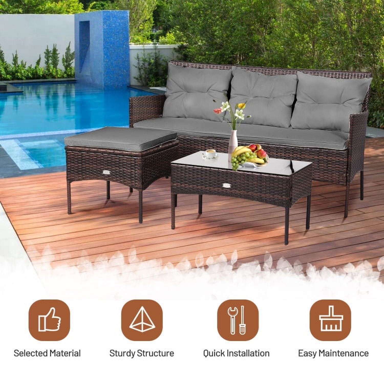 Aimee Lii 3 Pieces Patio Furniture Sectional Set with 5 Cozy Seat and Back Cushions, Outdoor Wicker Patio Furniture Set, Gray