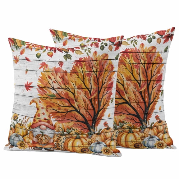 Orange Yellow Gnomes Fall Outdoor Waterproof Pillow Covers, Thanksgiving Botanical Leaves Wooden Decorative Square Throw Pillowcase Sofa Cushion Sham for Patio/Couch/Chair, 16"x16" 2 Pack