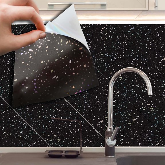 Walplus Peel and Stick Backsplash Terrazzo Holographic Glitter Black Wall Tile Decals 24 Pcs 6" x 6"