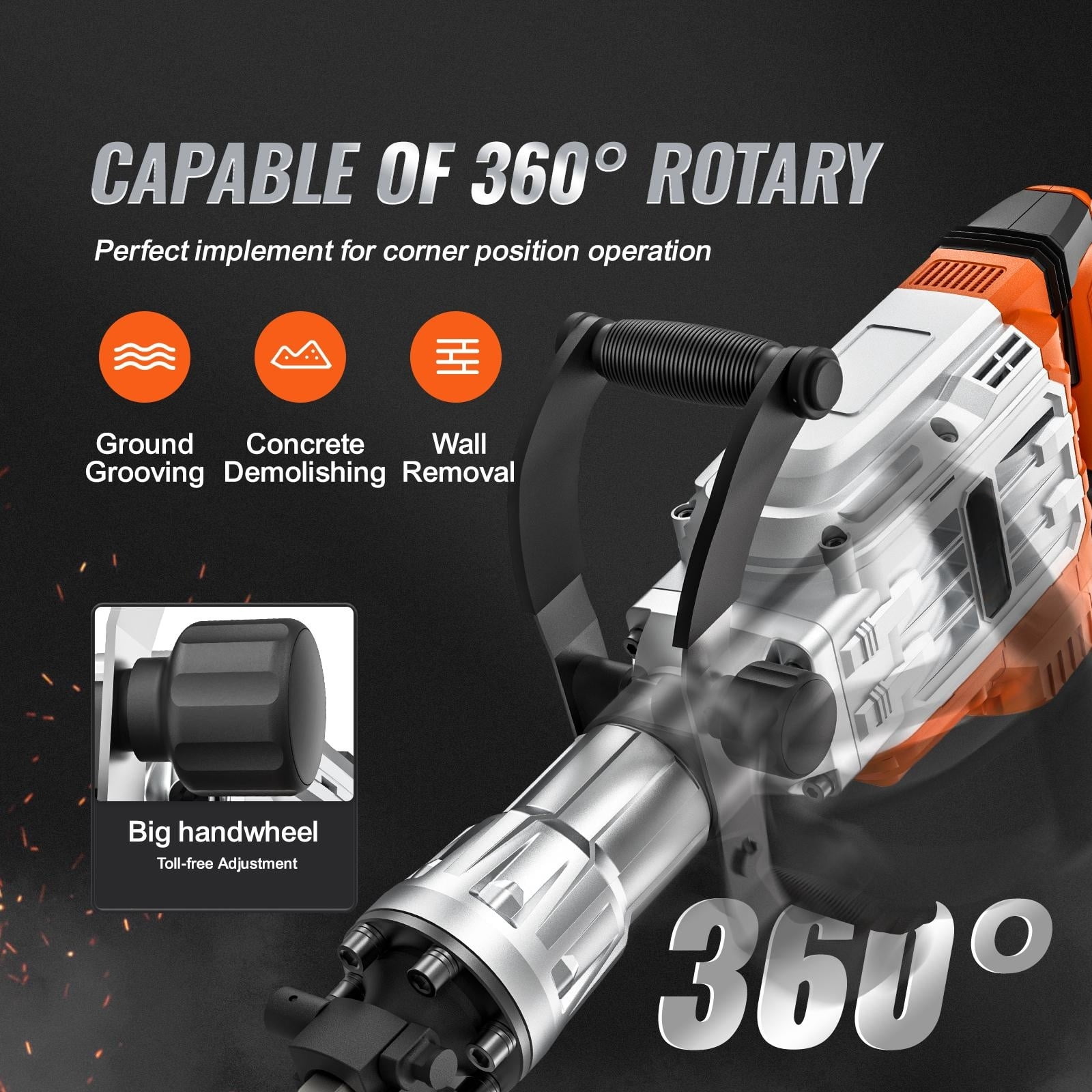 KFFKFF Demolition Jack Hammer, Electric Jack Hammer of 3500W, 1900 BPM High-Intensity, Comes with 2 Chisels, Gloves, and a 360掳 Rotating Front Handle for Digging and Hole-Breaking Tasks