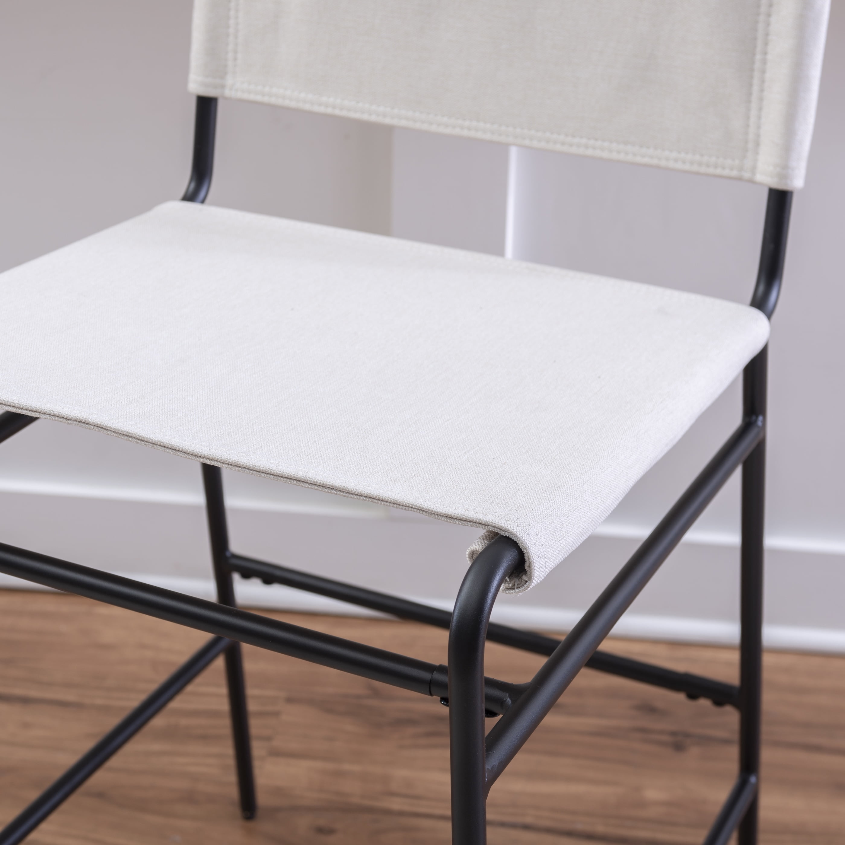 Linon Willey Counter Stool Cream Twill Fabric Sling Seat Steel Frame in Black