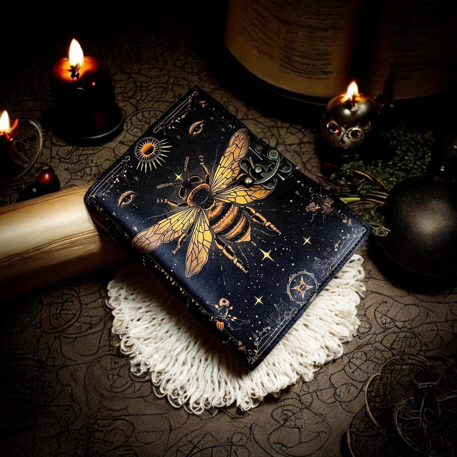 Mystical Bee Leather Journal Celestial Spell Book, 200 Page Notebook