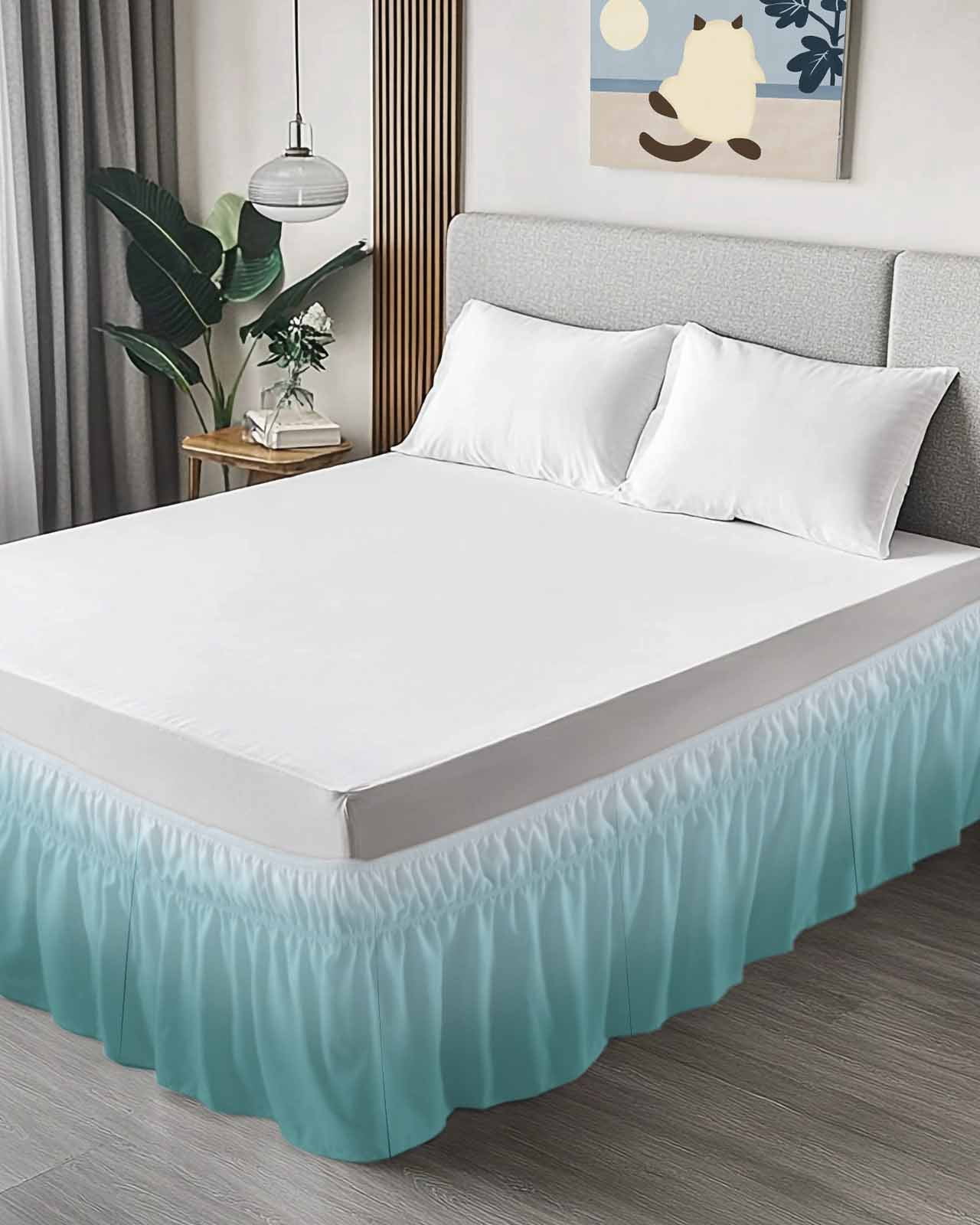 Turquoise Green Bed Skirt King Size 16" Drop Gradient Color Ruffled Wrap Around Bed Skirts Adjustable Elastic Bedskirt Dust Ruffle for King Size Bed