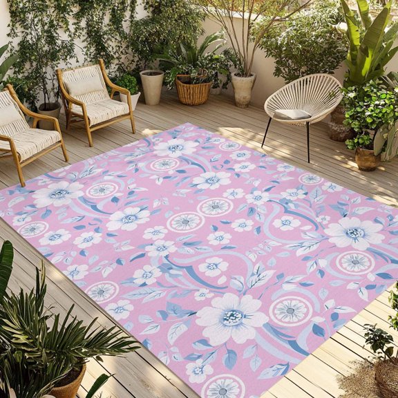 Pink Blue Floral Outdoor Rug 4x6 Ft - Reversible Patio Rug Outdoor Camping Rugs, Vintage Pastoral Botanical Leaves Washable Indoor Outdoor Area Rugs, Non-Slip Outdoor Carpet Runner for Deck/Porch