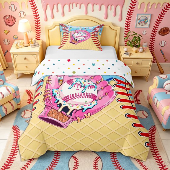 Castle Fairy Green Ice Cream Print Twin Duvet Cover, Sport Baseball Glove Twin Bedding, Pink Blue Yellow,2pcs,1 Duvet Cover and 1 Pillowcase