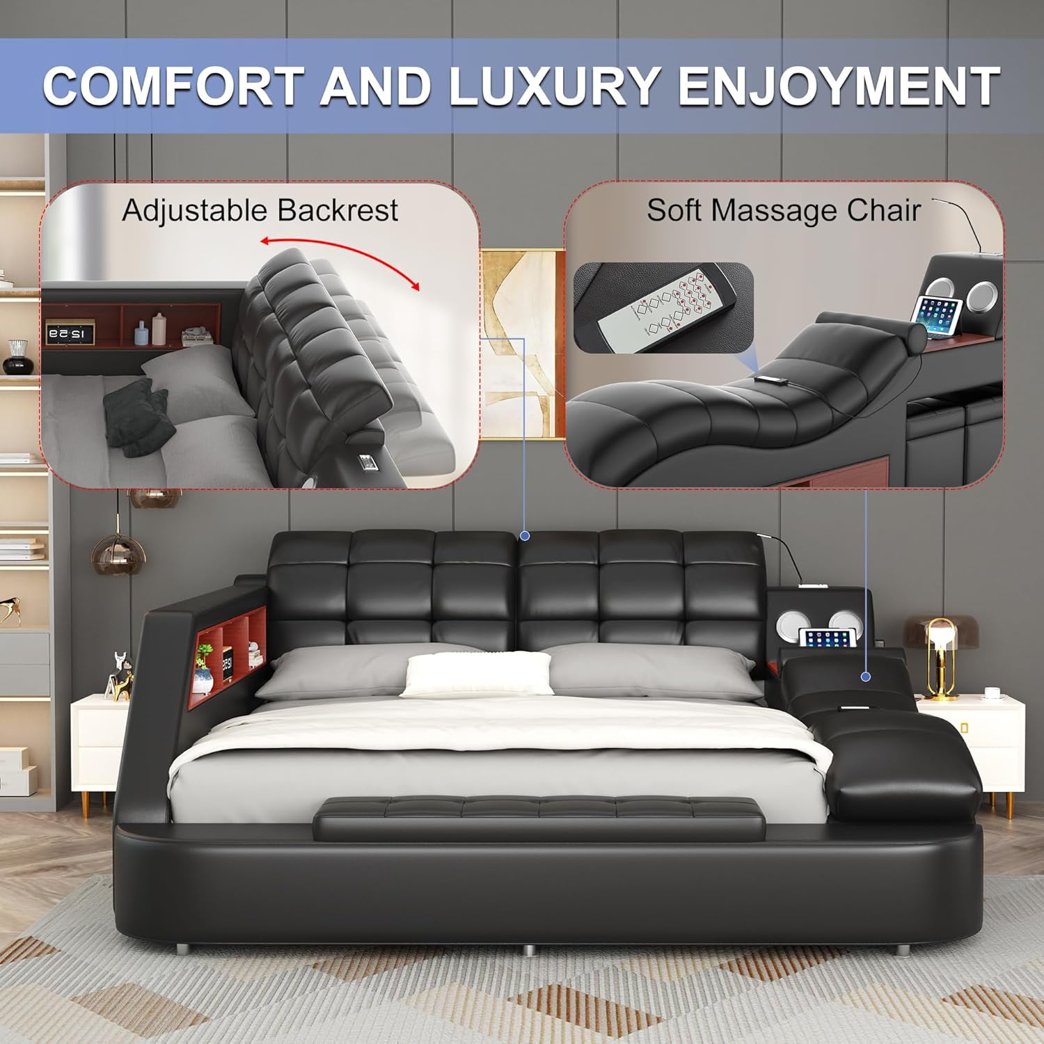 Smart King Bed Frame, Multifunction Upholstered Storage Bed with Right-Side Massage Recliner, Bluetooth Speaker, USB Charging Port, Leather Adjustable Headboard