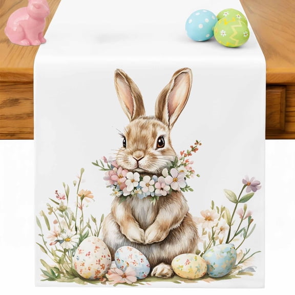 Easter Bunny Table Runner 72 Inches Long for Kitchen Dining, Pastel Spring Floral Wreath Rabbit Eggs Dresser Scarf Farmhouse, Dining Table Decorations for Wedding/Parties, 18 x 72 In