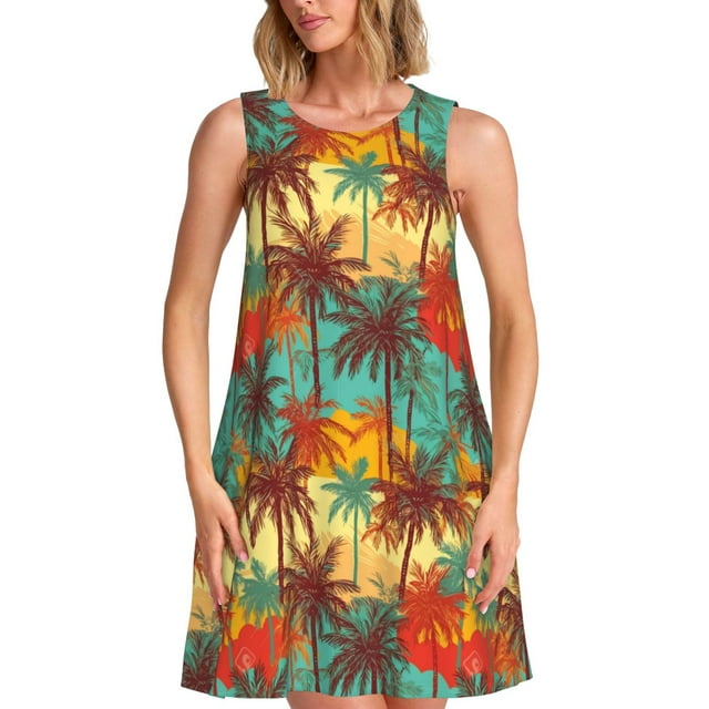 Bixox Robe Sans Manches à Imprimé Palmiers Hawaïens Colorés pour Femmes avec Poches, Robe Décontractée Longueur Genou pour l'Été-TTG