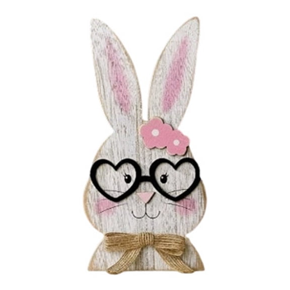 Easter Bunny Figurine Glasses-Wearing Adorable Rabbit Desktop Decoration Home Wooden Sculpture Holiday Ornament