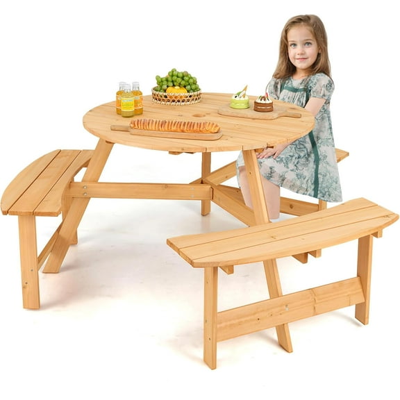 KOTEK 6-Person Kids Picnic Table, Fir Wood Circular Toddler Bench Table with 3 Built-in Seats & Umbrella Hole, Children Outdoor Furniture, Kids Table and Bench Set for Patio, Garden, Backyard