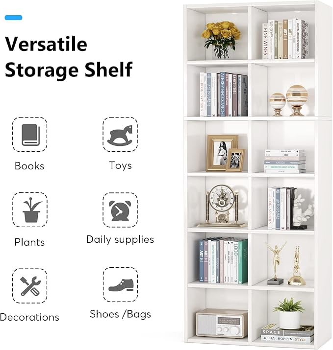 KIOOTTO 12-Cube Storage Organizer, 72" Tall Modern Bookcase and Display Shelf, Vertical or Horizontal Placement for Home Office & Living Room, White