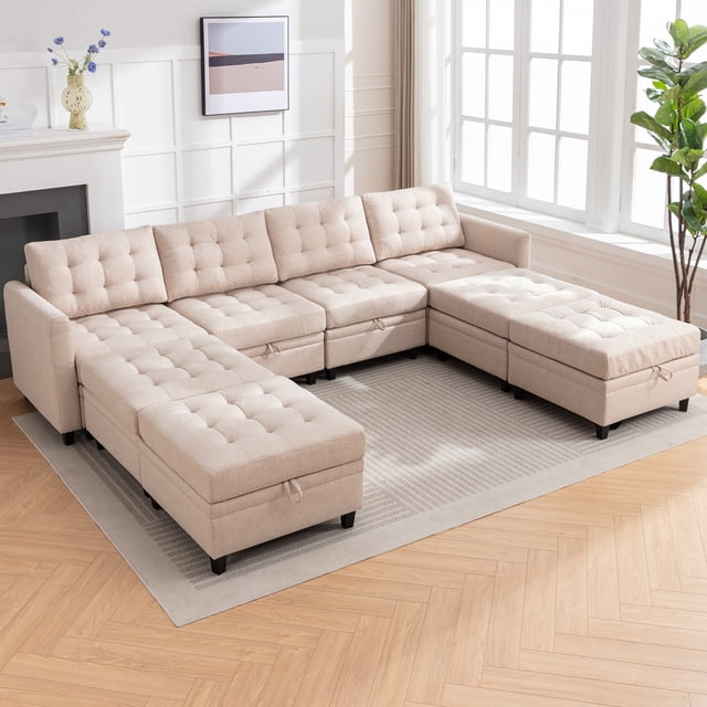 Puremind Canapé Sectionnel en U, Sofa Sectionnel Modulaire 8 Places avec Ottomane de Rangement et Accoudoirs Réglables pour Salon, Beige