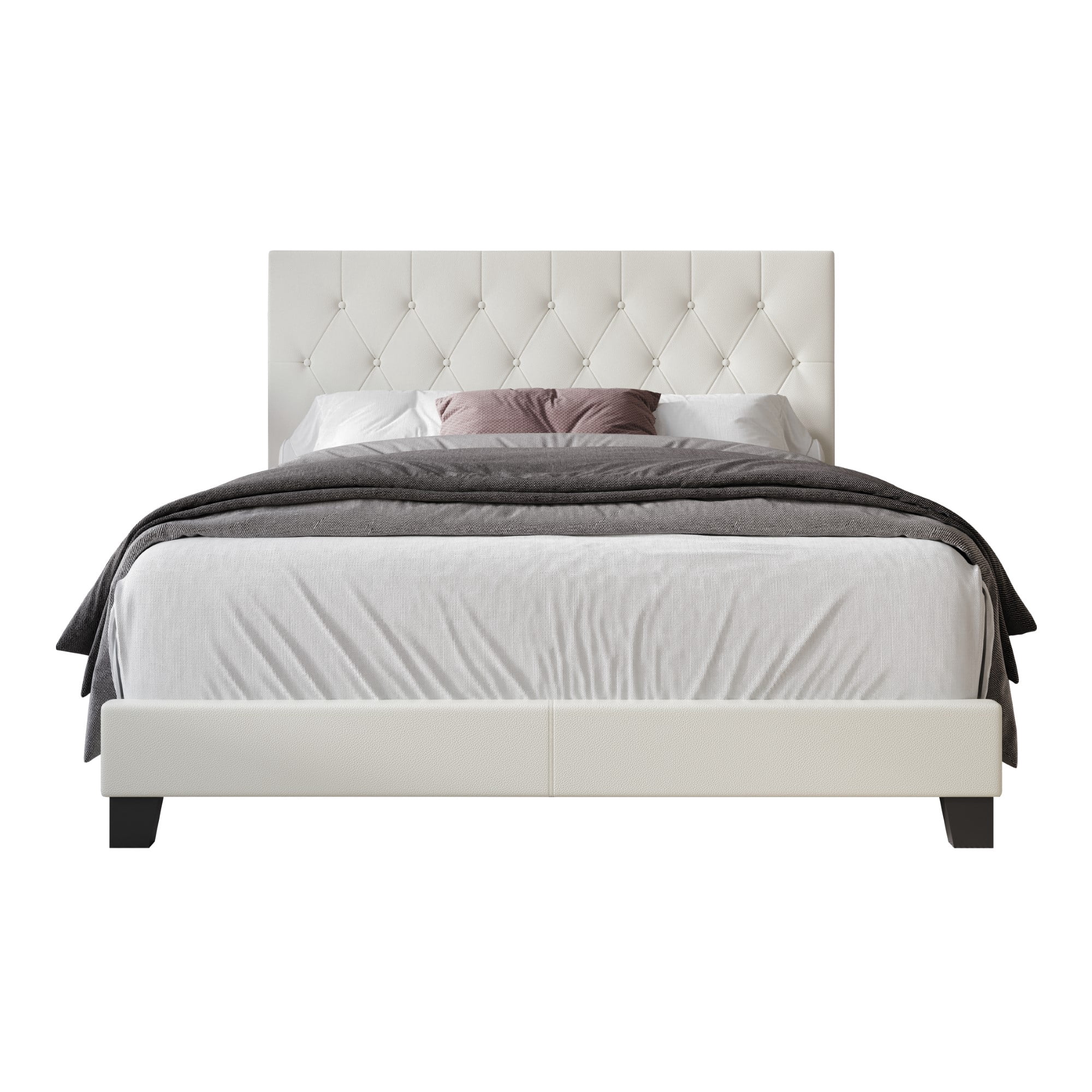 Home Design Boone Queen Tufted Upholstered Panel Bed with Faux Leather and Padded Headboard, White, Easy Assembly