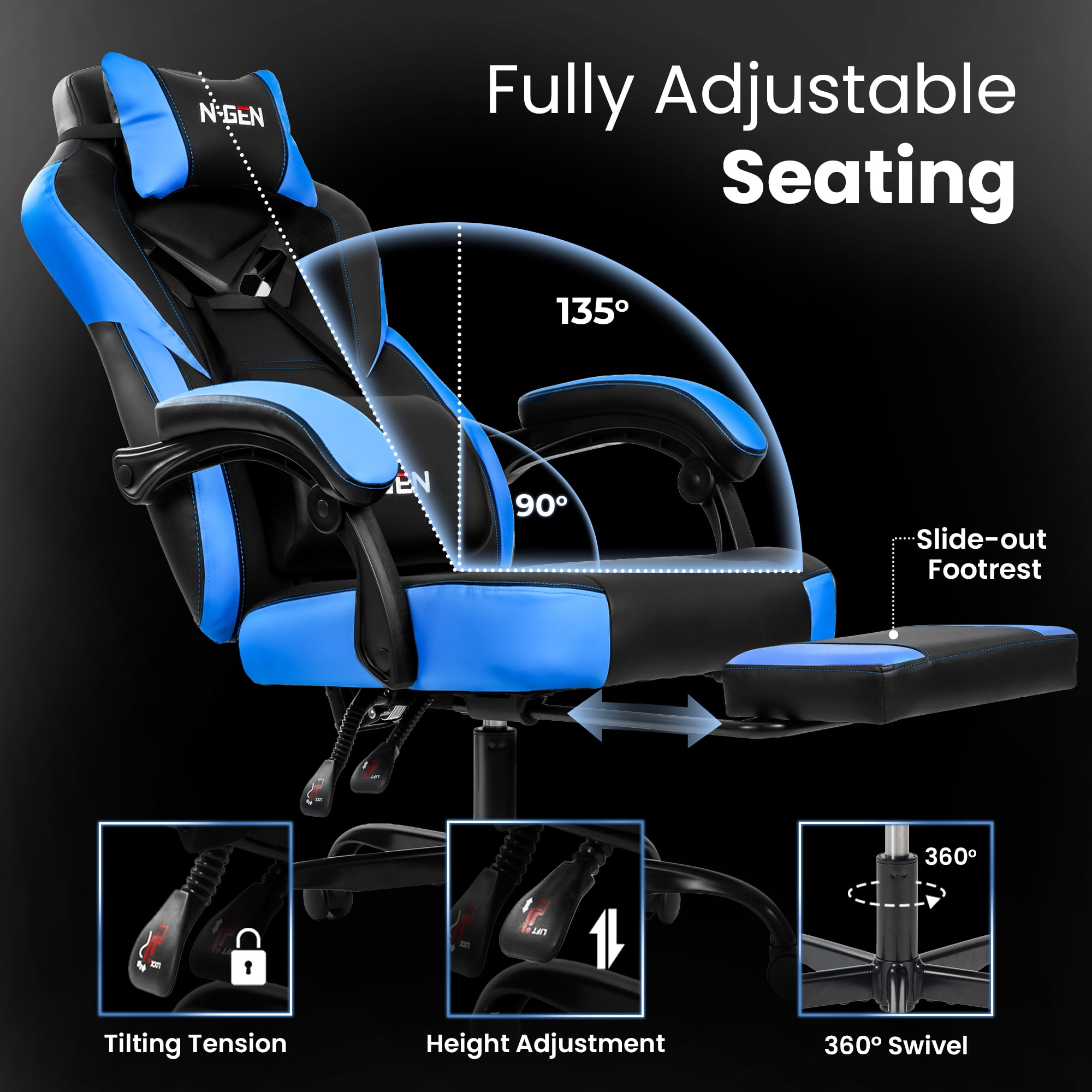 CELTOSS Gaming Chairs with Footrest, Big and Tall Gamer Chair with Headrest and Lumbar Support for adults, Blue