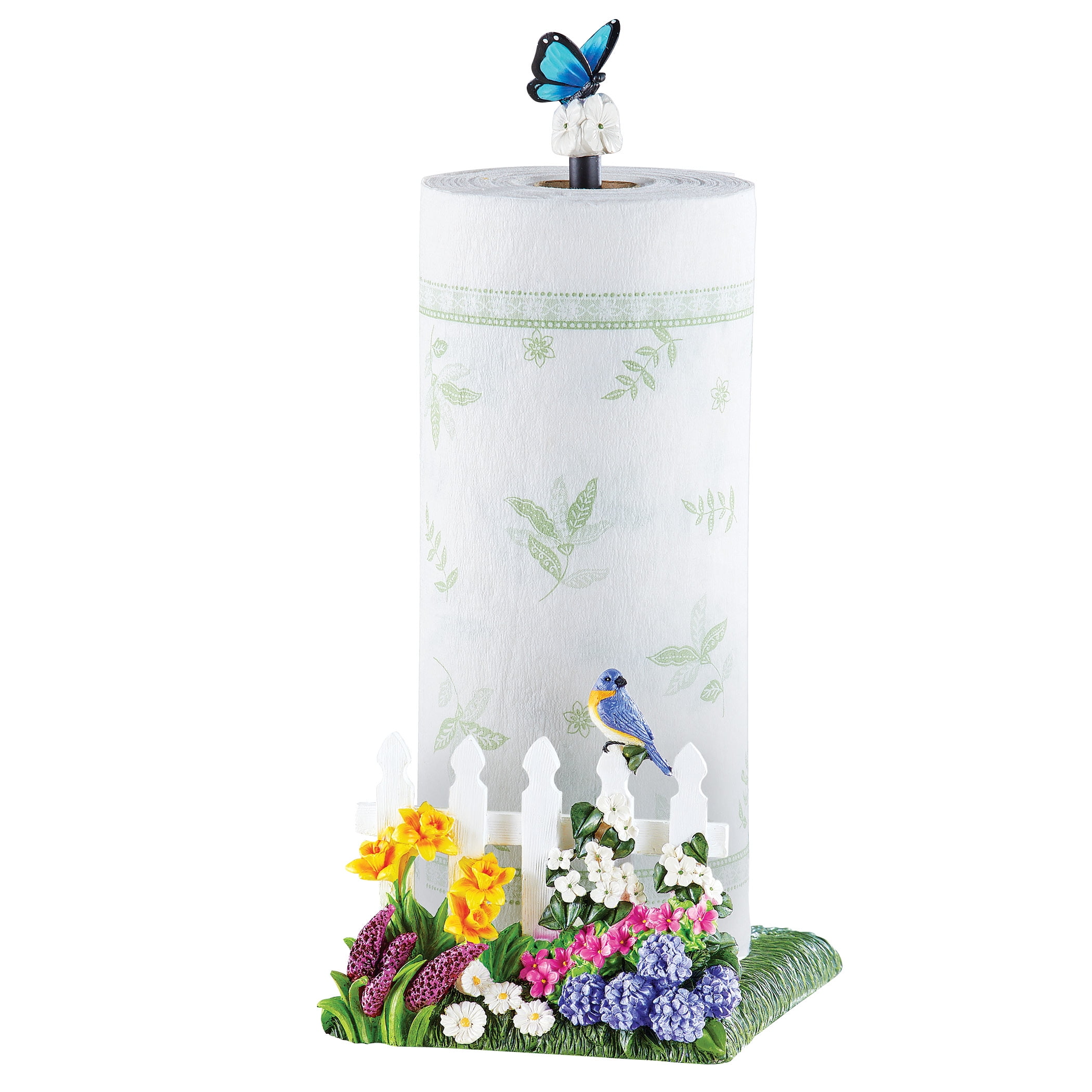White Picket Fence Garden Kitchen Paper Towel Holder Unique Home Decor Features Bluebird Flowers And Butterfly Holds Standard Paper Towels Walmart Com Walmart Com