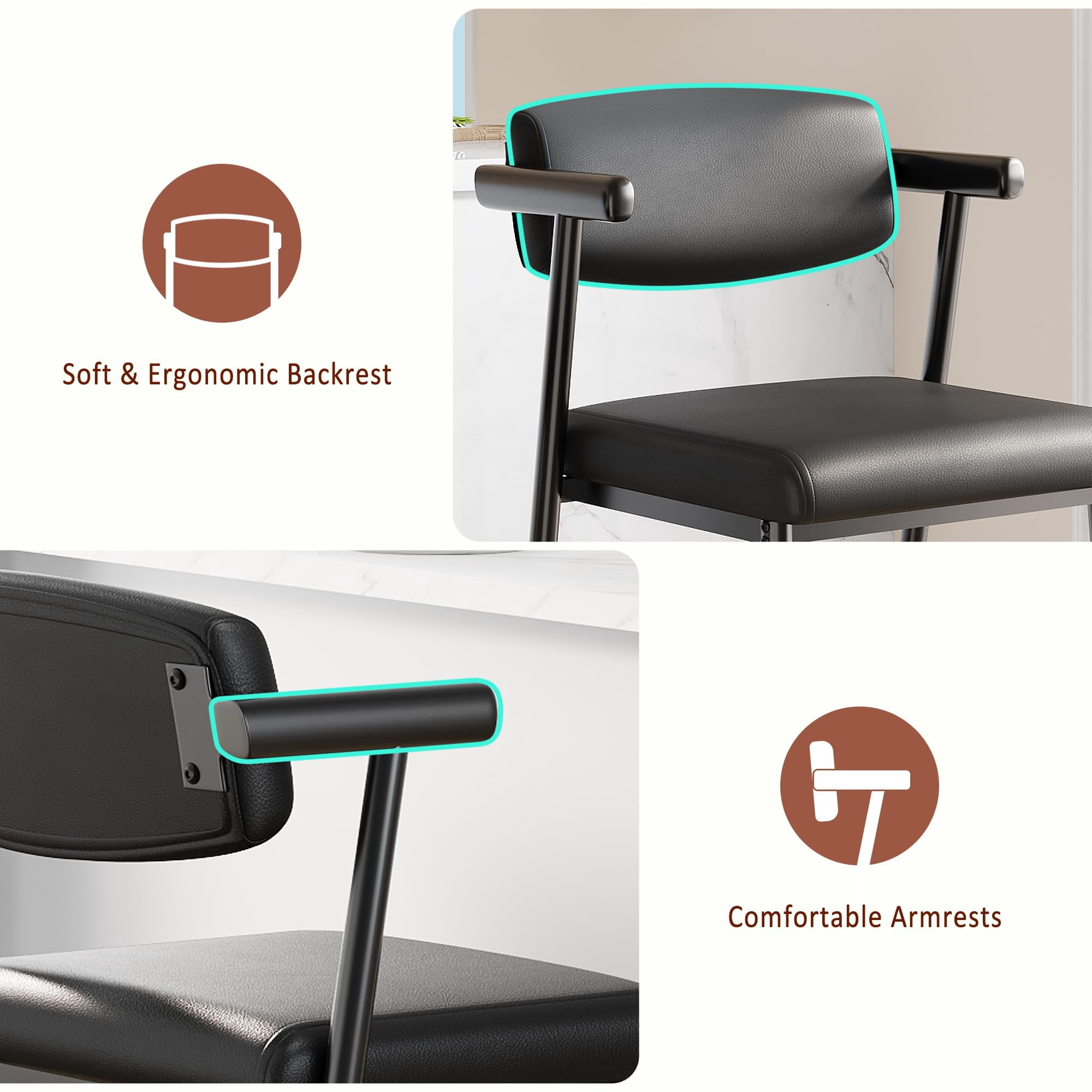 Modern Set of 4 Black Leather Counter Height Bar Stools with Arms & Back, Wide Upholstered Seat, Metal Frame & Footrest – Easy Assembly, Kitchen Island, 4pcs per Package, Black Leather