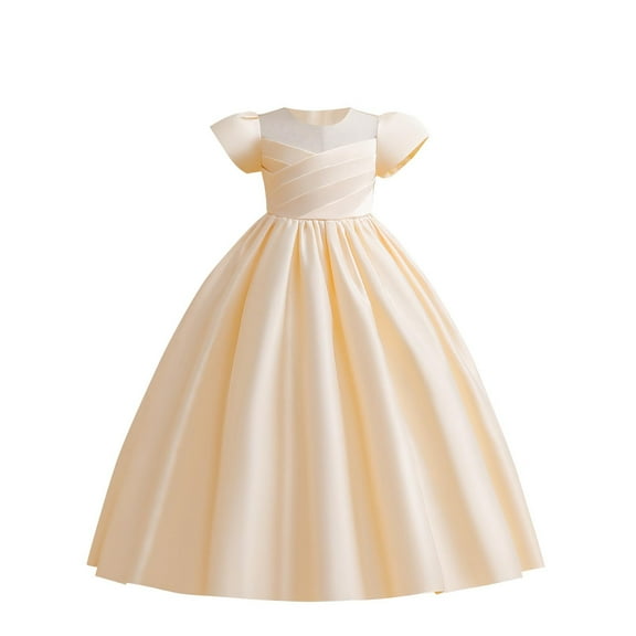 Girls Satin Dress Floor Length Short Sleevel First Communion Dresses Kids Princess Birthday Gowns Princess Pageant Formal Dresses