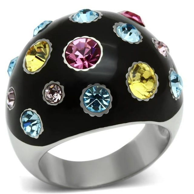 Women High Polished Stainless Steel Ring with Top Grade Crystal in Multi Color - Size 10