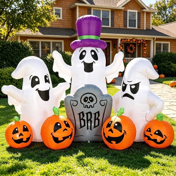 7FT Halloween Inflatable Ghosts with Tombstone and Pumpkin, Build-in LED Lights Blow Up Yard Decor for Halloween Decoration,Halloween Party,Lawn,Garden and Front Yard Decoration