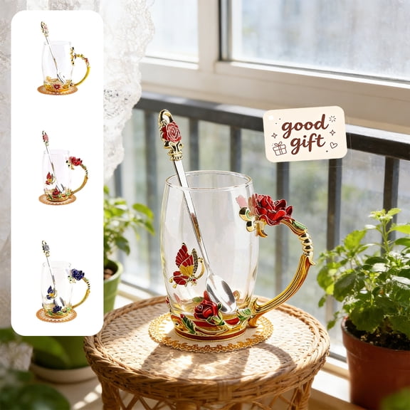 Floral Handle Drinking Glasses Set With Matching Spoons, Crystal Clear Water, Capacity for Water, Juice, Coffee, Santa Christmas Birthday Gifts, Table Bar Glassware Decorations