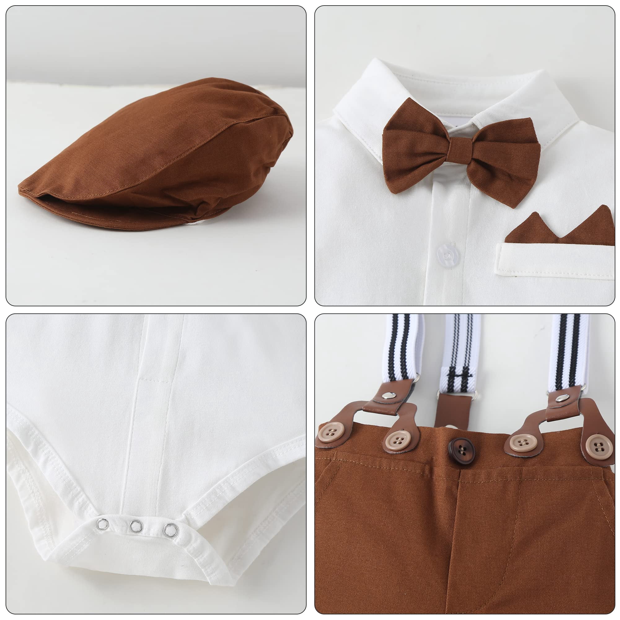 CARETOO Baby Boy Clothes Infant Formal Outfit Suit Shirt Hat Suspender Pants Bowtie 0-18M Cotton Fabric 4pcs Church Wedding Baptism Suit