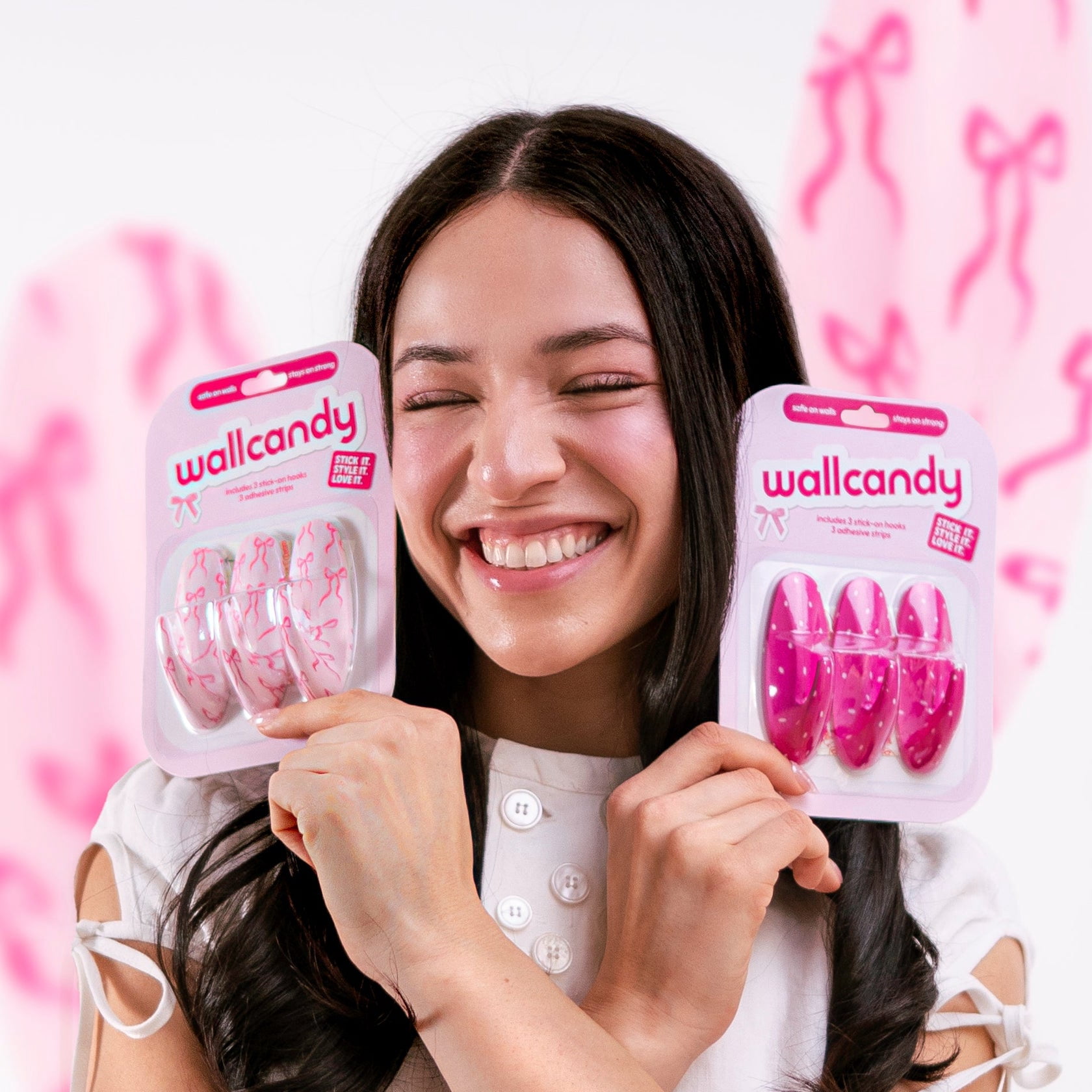 WallCandy Pink Bow Print Stick-On Wall Hooks with 3M Command Strips | 3 Pack